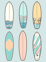 surfboards, vector illustration, hand drawn style, pastel colors
