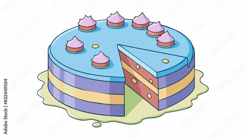 Poster The cake on the plate was partly eaten with just a few slices missing. The icing was smudged and parts of the top layer had been picked off but the. Cartoon Vector.