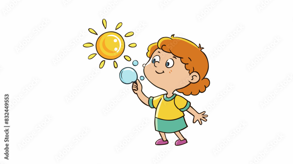 Poster The child blew bubbles into the air watching them float and pop in the warm afternoon sunlight.. Cartoon Vector.