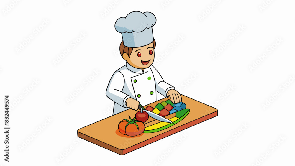 Poster The chef skillfully chopped the vegetables with quick precise movements creating a rainbow of colors on the ting board.. Cartoon Vector.