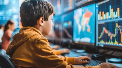 A young boy is seated in front of a computer monitor, engaged in screen time and focused on the digital content displayed.