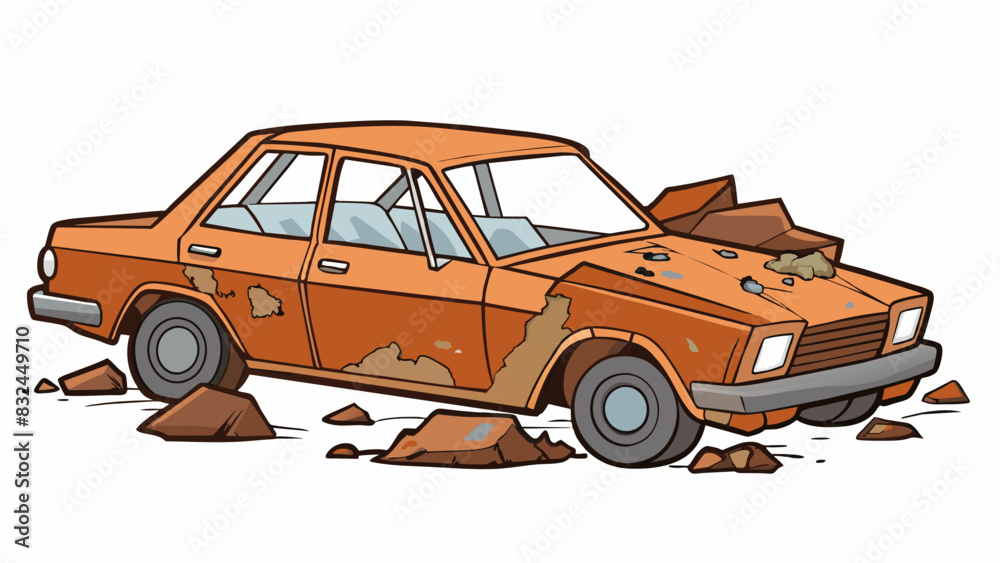 Poster the decaying remains of a rusted car sat in a desolate junkyard. the dented doors and shattered wind