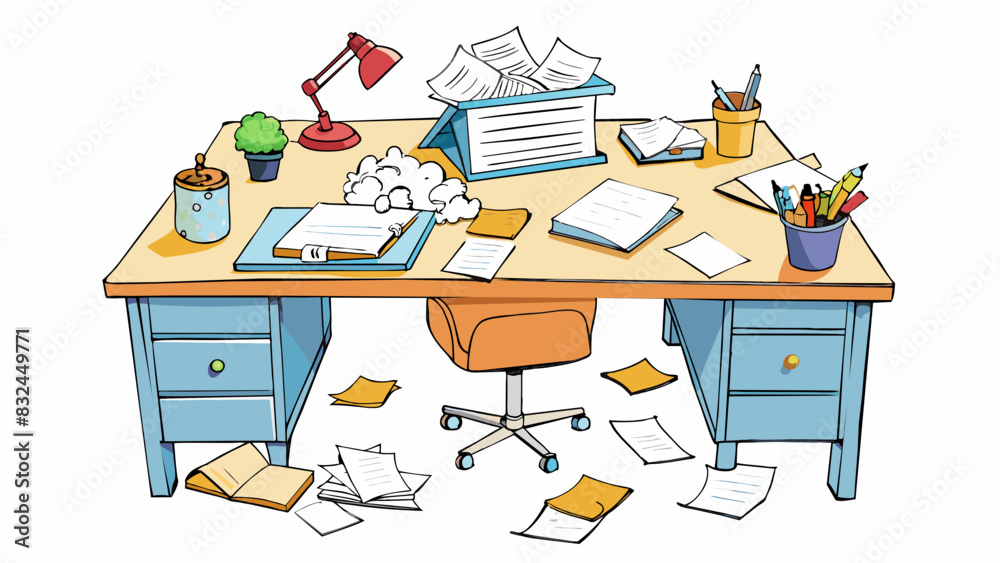 Poster The desk was cluttered with scraps of paper covered in scribbled notes and ideas a reflection of the authors active mind and constant search for. Cartoon Vector.