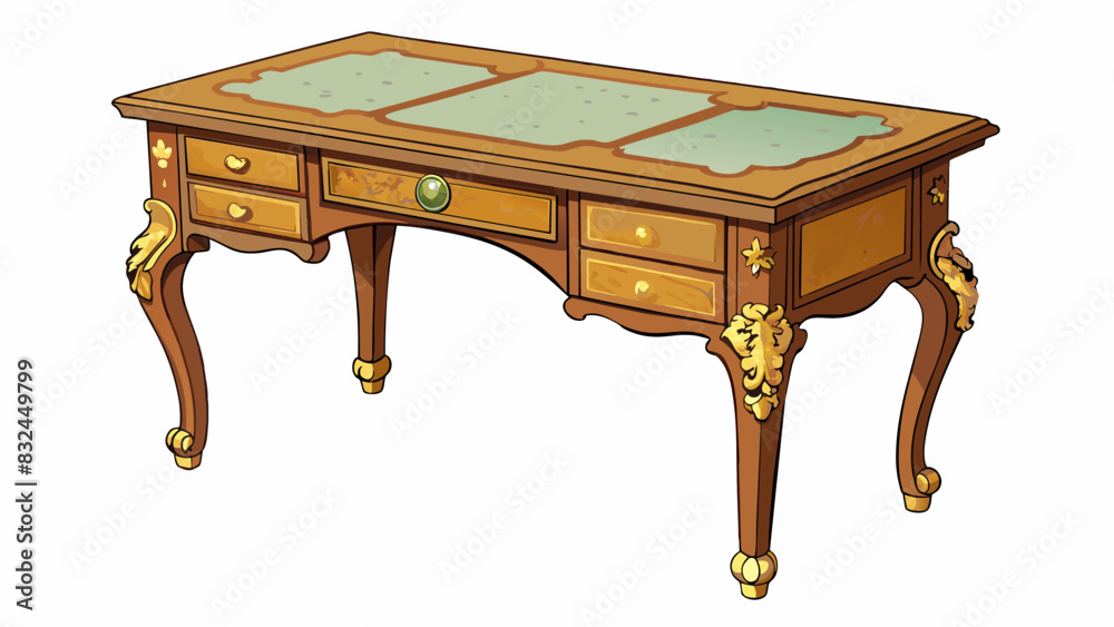 Poster the desk was a vintage piece with a worn and weathered wooden surface. it had intricate carvings alo