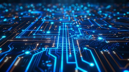 Hightech circuit lines, blue glow, dark backdrop, 3D rendering, modern technology aesthetic