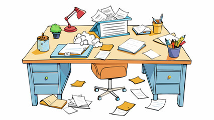 The desk was cluttered with scraps of paper covered in scribbled notes and ideas a reflection of the authors active mind and constant search for. Cartoon Vector.