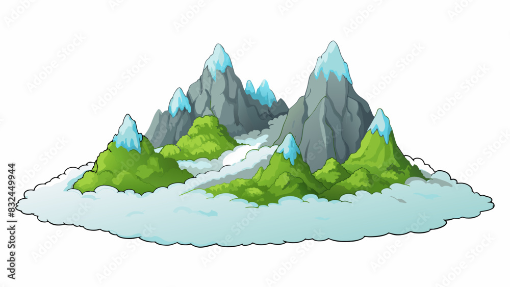 Poster The entire mountain range was shrouded in thick fog making it almost impossible to see the jagged peaks and rocky slopes that lay beneath.. Cartoon Vector.