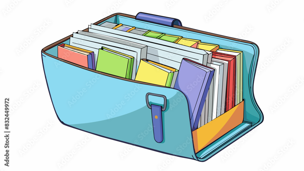 Poster The fifth paperwork is a large clear plastic folder with a zipper closure. Inside there are multiple compartments and pockets each filled with various. Cartoon Vector.