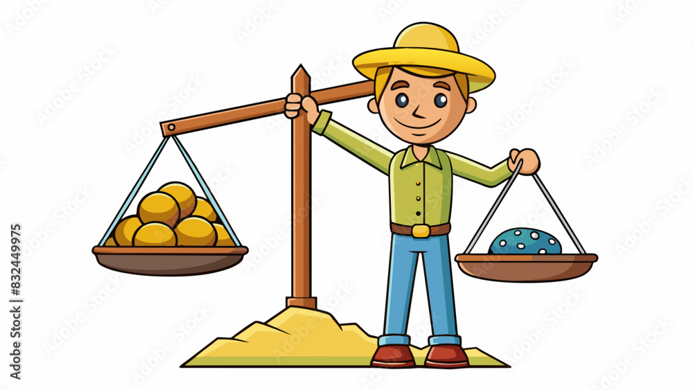 Poster The farmer reckoned the weight of the sack of grain by balancing it on the other end of the scale with rocks until it was level.. Cartoon Vector.
