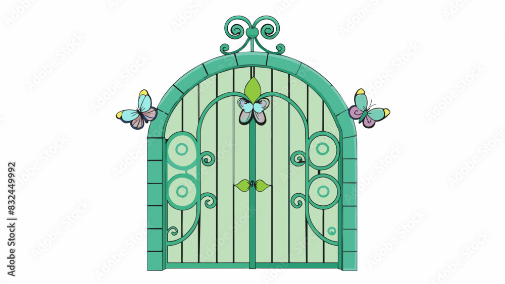 Poster the final gate is a romantic garden gate with a curved top and wrought iron design of flowers and bu