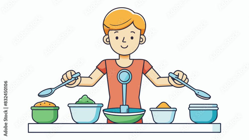 Poster the fourth illustration shows a person using measuring cups and ss to portion out their meals highli