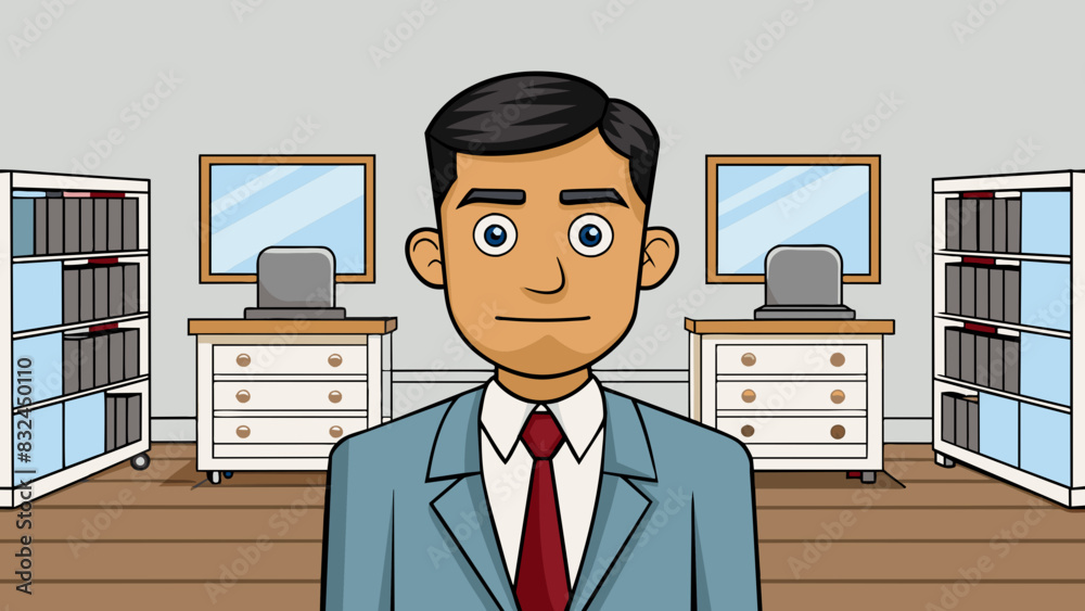 Poster the fourth employer is a middleaged man with a stern expression and a strict dress code. his office 