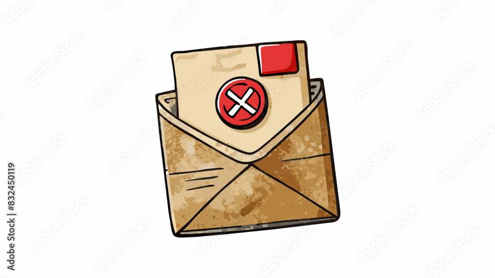Aufkleber The fourth paperwork is a mediumsized envelope made of thick brown paper. It is sealed shut and has a typed address label in the center. On the back. Cartoon Vector.