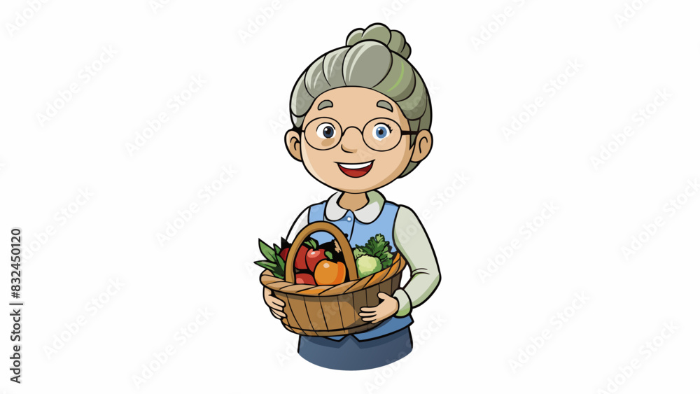 Canvas Prints The fourth visitor was a middleaged woman with grey hair tied back neatly in a bun. She was carrying a woven basket filled with produce from her. Cartoon Vector.