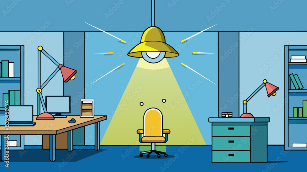 Poster The glare of a bright flickering florescent light in a work space causing eyestrain and headaches.. Cartoon Vector.