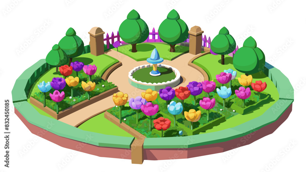 Poster The gorgeous garden was filled with blooming flowers of various colors creating a beautiful and fragrant oasis.. Cartoon Vector.