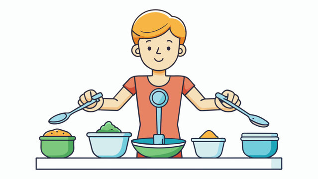The fourth illustration shows a person using measuring cups and ss to portion out their meals highlighting the importance of portion control and. Cartoon Vector.