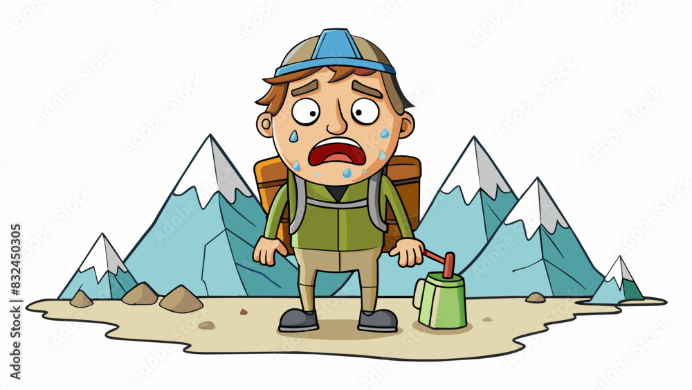 Poster The hiker lost in the mountains was suffering from severe dehydration with cracked lips and sunken eyes desperately searching for water.. Cartoon Vector.