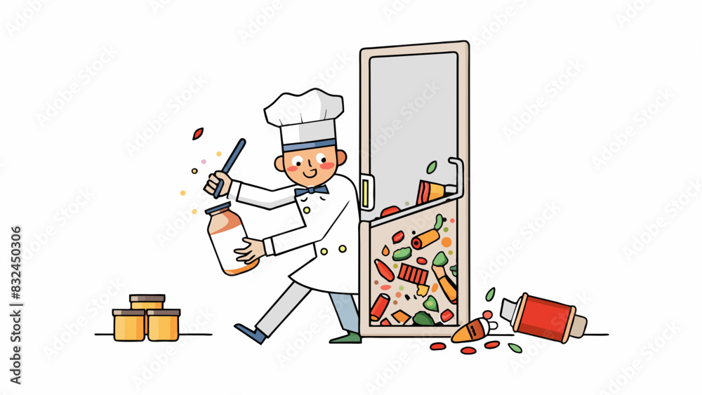 Poster The impatient chef impatiently yanked open the pantry doors causing bottles and jars to fall out and shatter on the floor creating a mess of broken. Cartoon Vector.