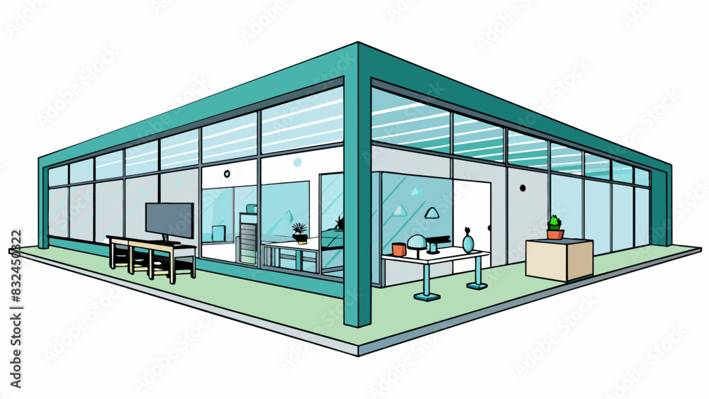 Poster The institute is a modern glass structure with sleek lines and a minimalist design. The interior is filled with open spaces and geometric furniture.. Cartoon Vector.