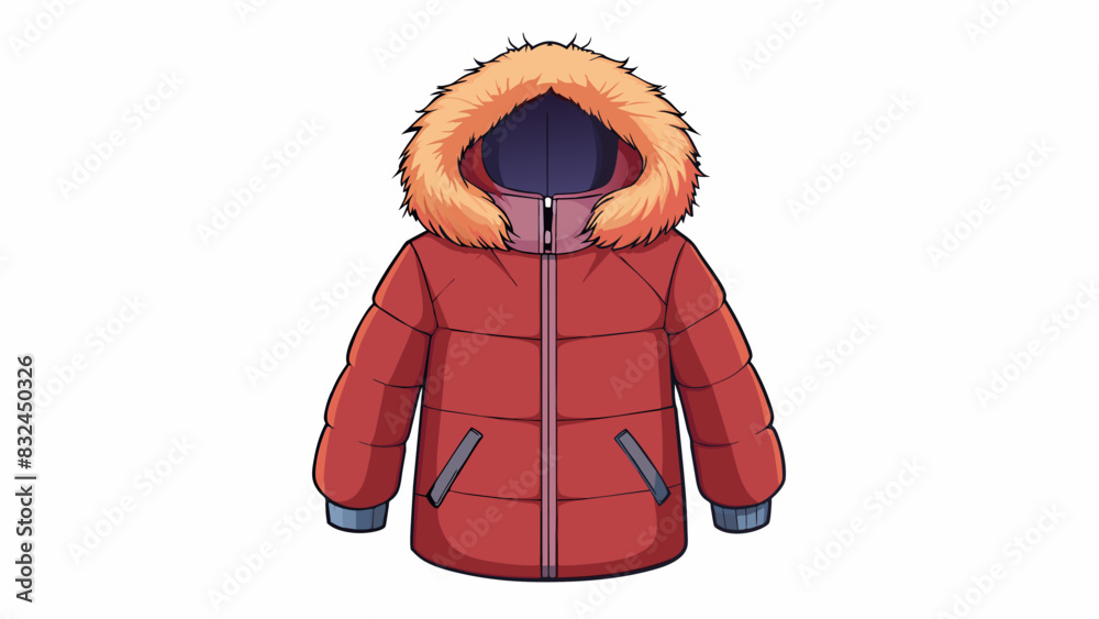 Poster The ideal winter jacket is insulated with soft down feathers has a furtrimmed hood and a windproof outer layer. It also has multiple zippered pockets. Cartoon Vector.