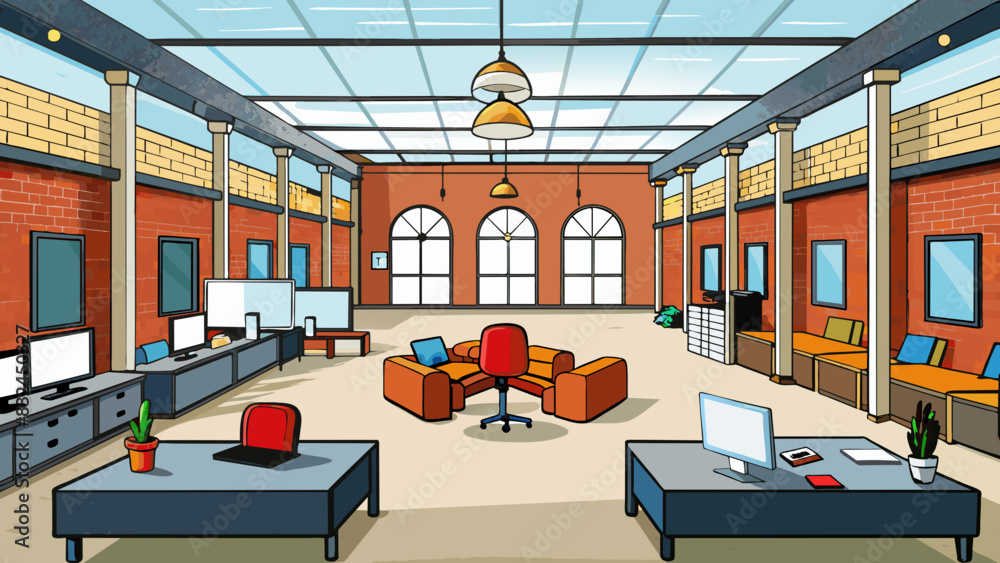 Aufkleber the institute is a repurposed warehouse with exposed brick walls and high ceilings. the main area is