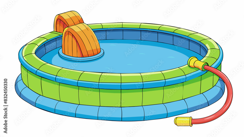 Wall mural The inflatable pool had an extension valve that could be attached to a garden hose providing a continuous flow of water to keep it full.. Cartoon Vector.