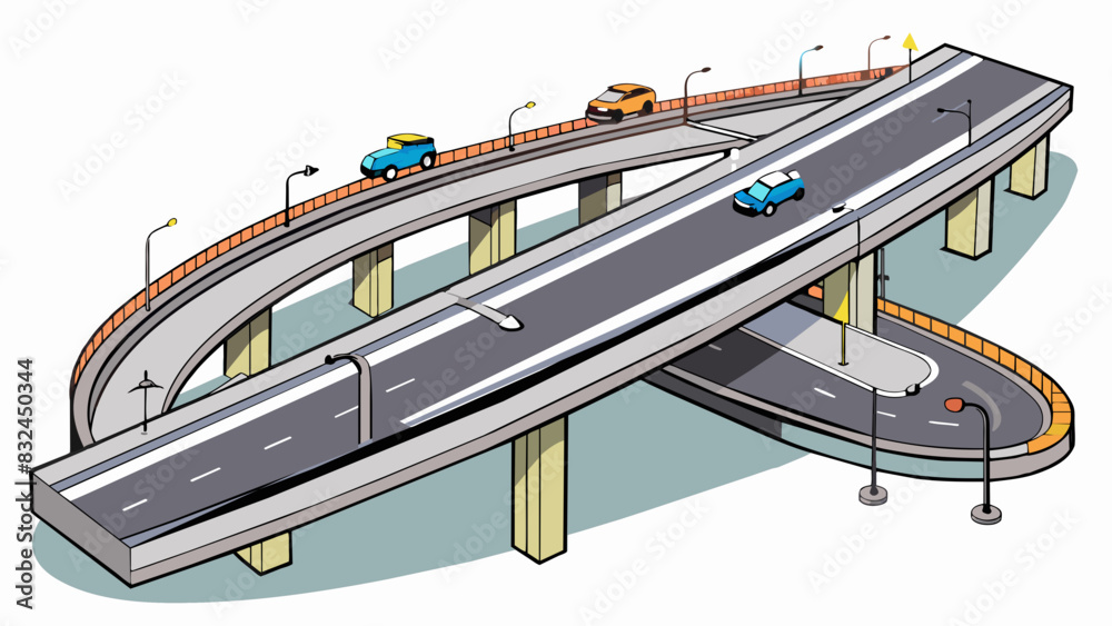 Poster The interstate was a busy network of intersecting roads with overpasses and underpasses allowing for smooth flow of traffic. The pavement was a dull. Cartoon Vector.