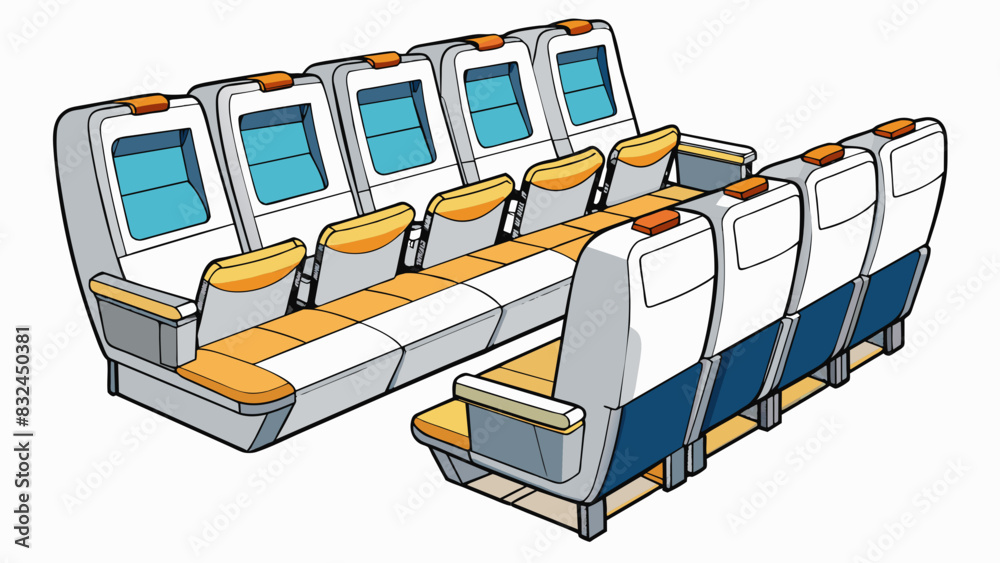 Poster the interior of a plane is like a long narrow tube with rows of cushioned seats on either side. the 