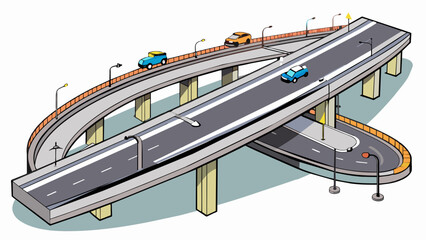 Fototapeta premium The interstate was a busy network of intersecting roads with overpasses and underpasses allowing for smooth flow of traffic. The pavement was a dull. Cartoon Vector.