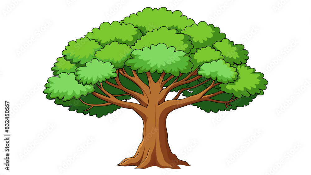 Poster The massive oak tree had a trunk so thick it would take several people to wrap their arms around it and its branches stretched out in all directions. Cartoon Vector.