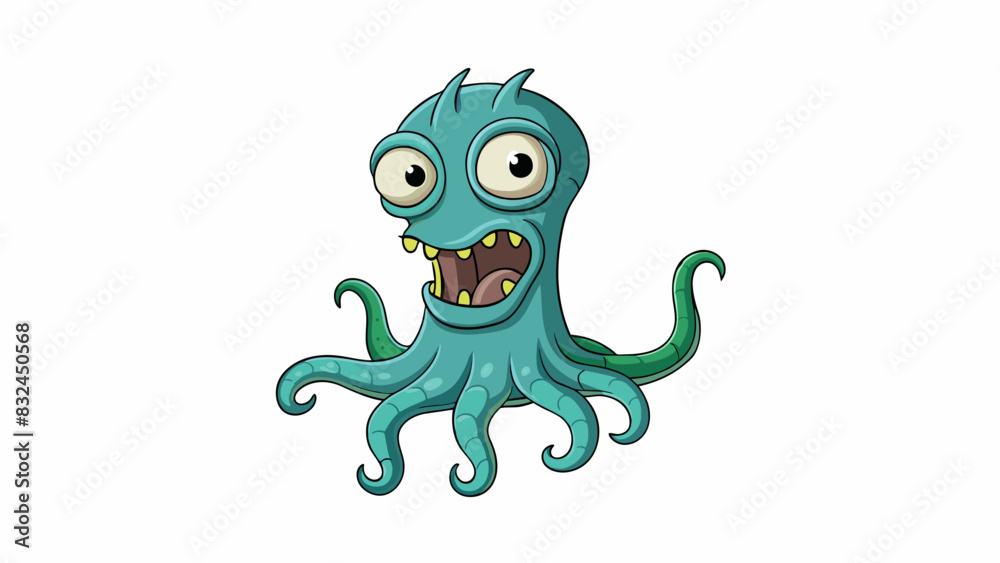 Poster The mysterious creature had an elongated body with multiple long tentacles and large unblinking eyes. Its skin was slimy and it moved with a slow. Cartoon Vector.