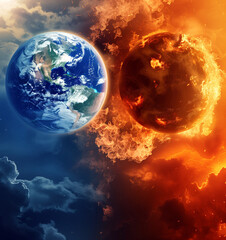 Earth. Beautiful vs destroy, global warming, future forecast concept. AI Generative