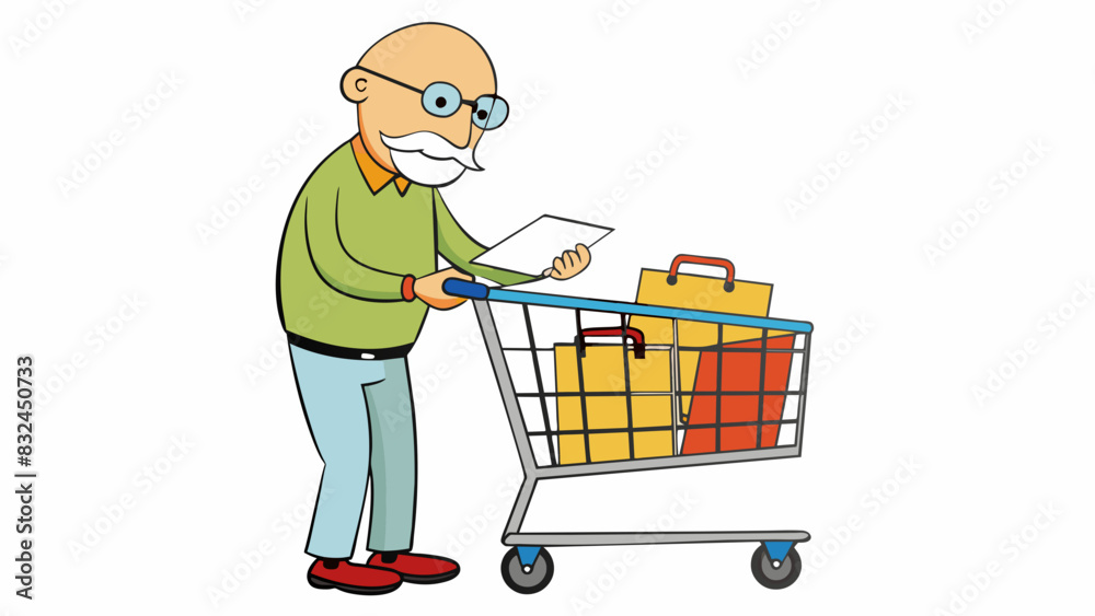 Poster the old man pushed his shopping cart through the store slowly ticking off each item on his list as h