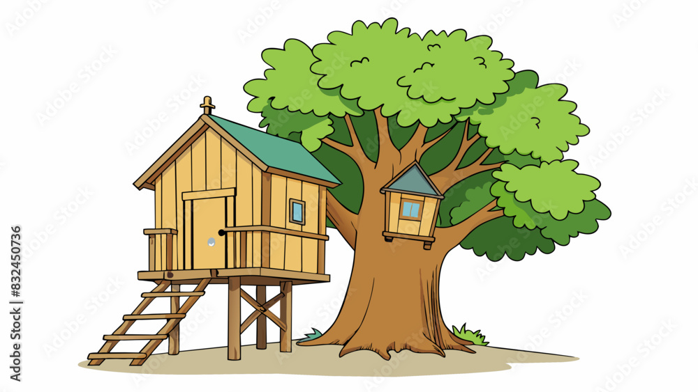 Poster the old tree house stood proudly beside the towering oak tree its wooden planks weathered and fading