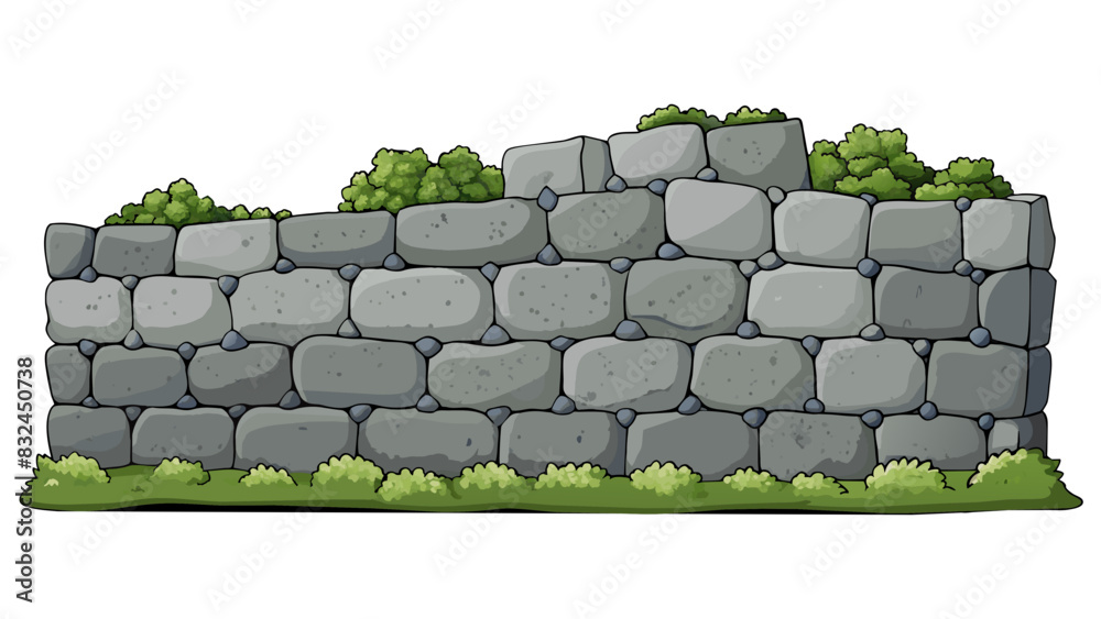 Poster The old stone wall was covered in a layer of grey moss giving it a weathered and aged appearance.. Cartoon Vector.