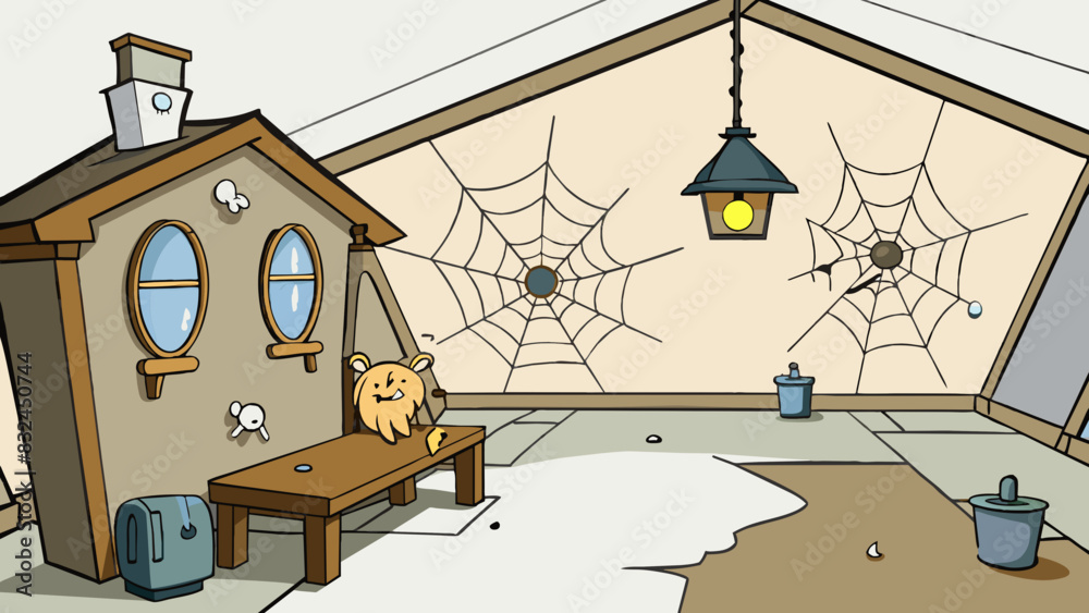 Poster The old dusty attic is filled with cobwebs and shadowy corners. The only source of light is a single flickering light bulb casting distorted shadows. Cartoon Vector.