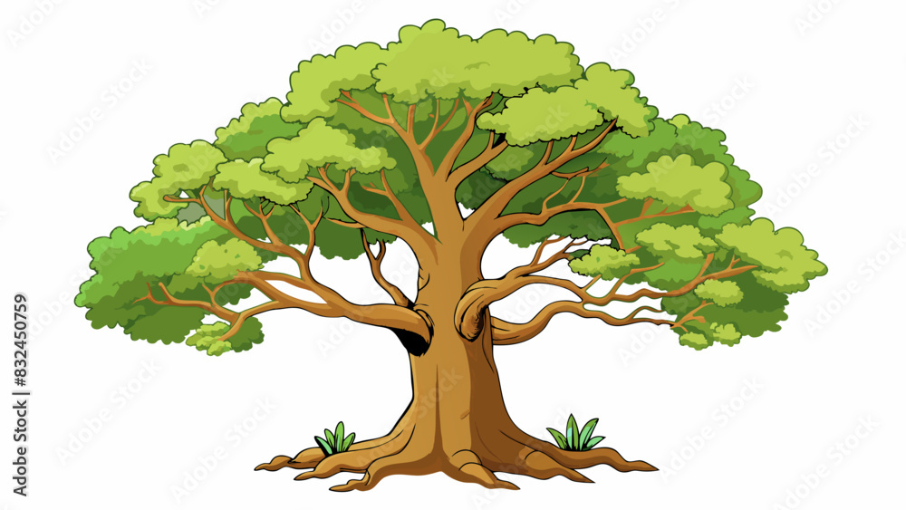 Aufkleber The old trees growth finally came to a conclude as it reached its full height its branches spreading wide to provide shade to the creatures below.. Cartoon Vector.