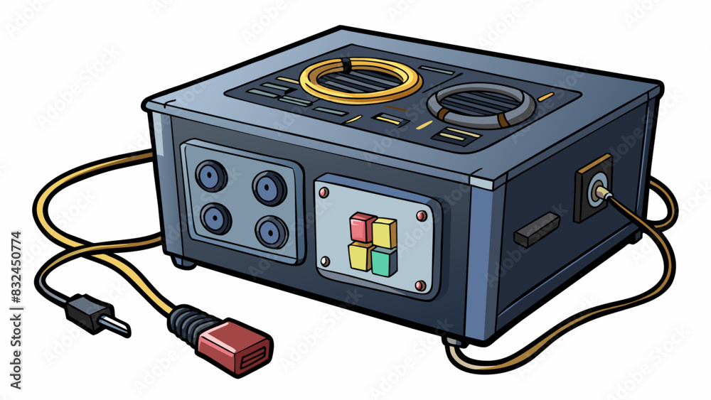 Fototapete The output is a bulky black box with various cords and plugs sticking out. The front panel has multiple buttons and a digital display showing. Cartoon Vector.