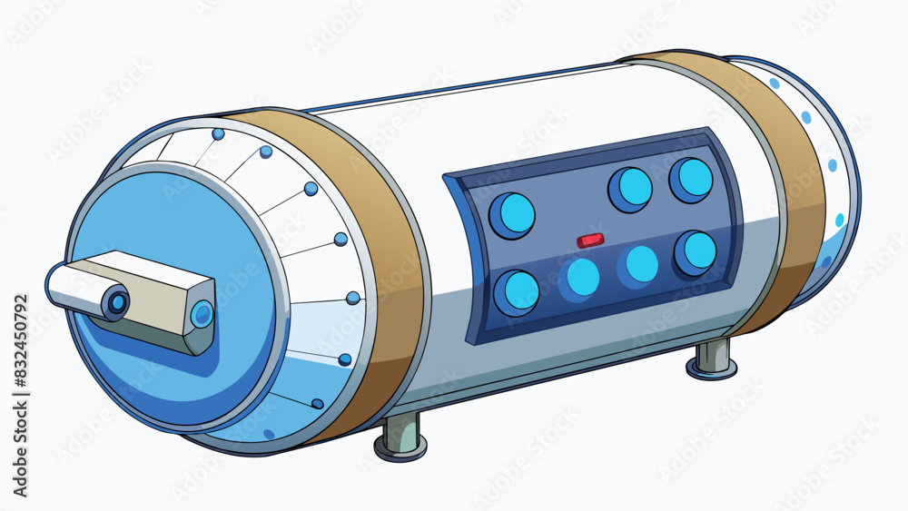 Poster The output is a large cylindrical object with a smooth silver exterior. It has multiple buttons and a digital screen displaying a clock and. Cartoon Vector.