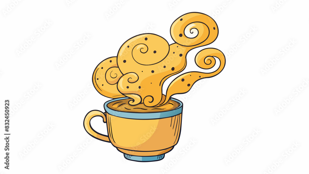 Poster The release of warm air from a steaming cup of tea swirling and forming intricate patterns in the air before dissipating into the cool surroundings.. Cartoon Vector.