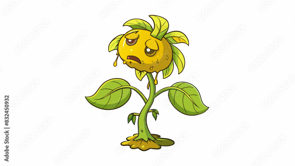 Aufkleber The plants leaves were wilted and yellow the stem was drooping and there were visible insect bites suggesting it had not been cared for properly.. Cartoon Vector.
