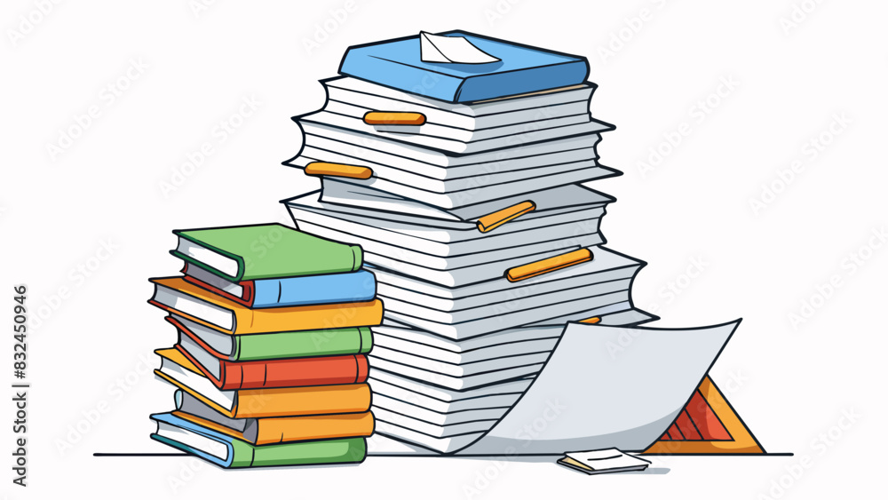 Poster The pile of papers on the desk grew taller and taller with more and more documents being added to it signifying an increased workload and tasks to be. Cartoon Vector.