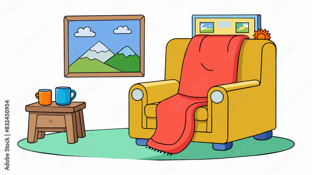 Poster the recliner in the living room is positioned just right with a warm blanket dd over it. the tv is p