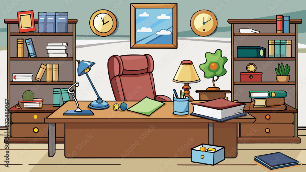 Poster The professors office is a cozy and cluttered space filled with stacks of books and papers. The walls are lined with degrees and certificates while. Cartoon Vector.