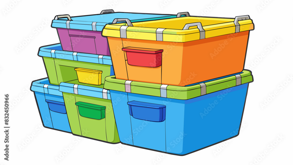 Poster The relevant item was a set of colorful stackable plastic bins. Each bin had a different bright color and a clear label on the front to easily. Cartoon Vector.
