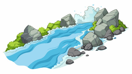 The river rushed past the boulders with incredible speed and force its roiling waters underting the rocky shoreline as it flowed.. Cartoon Vector.
