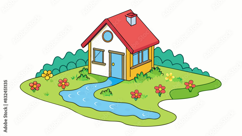 Poster the small house nestled beside the bubbling stream its whitewashed walls reflecting the vibrant colo