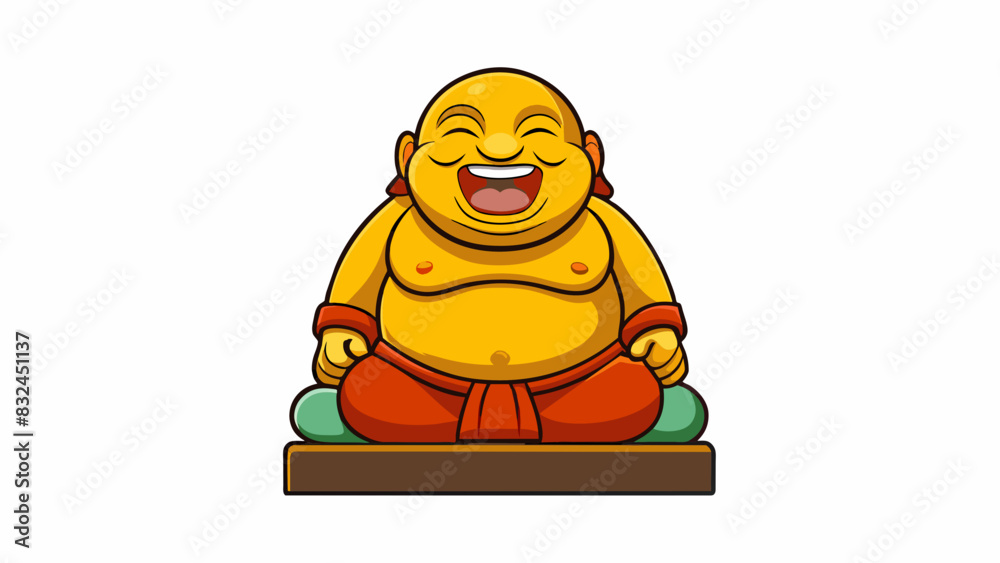 Poster the small weathered statue of a laughing buddha sat on the windowsill its round belly and smiling fa