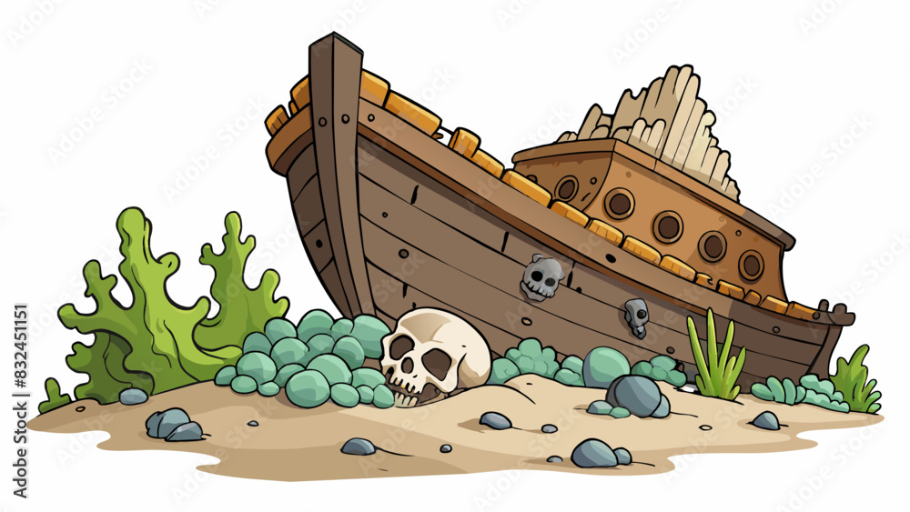 Poster the skeletal remains of an ancient shipwreck jutted out from the ocean floor. barnacles and algae co